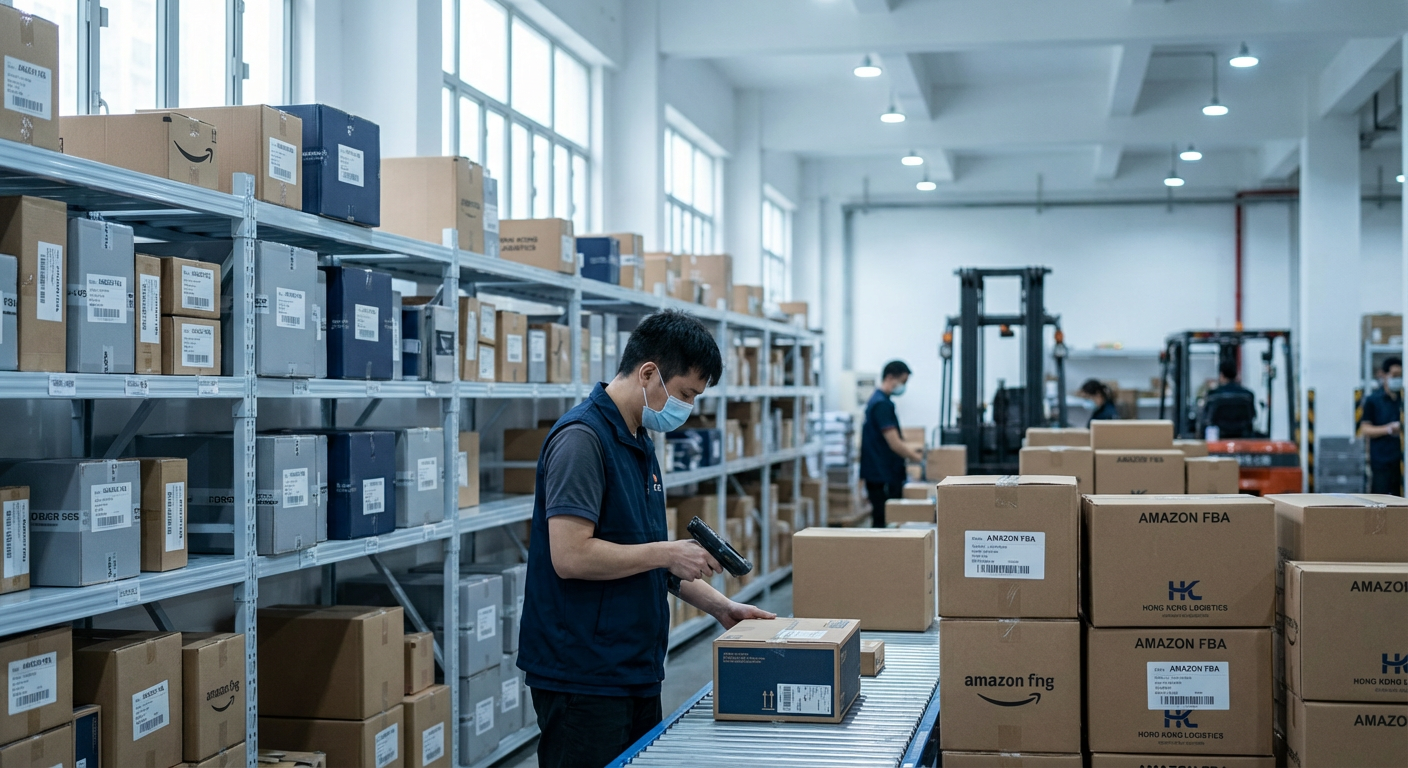 Amazon FBA packages on a conveyor belt ready for shipping