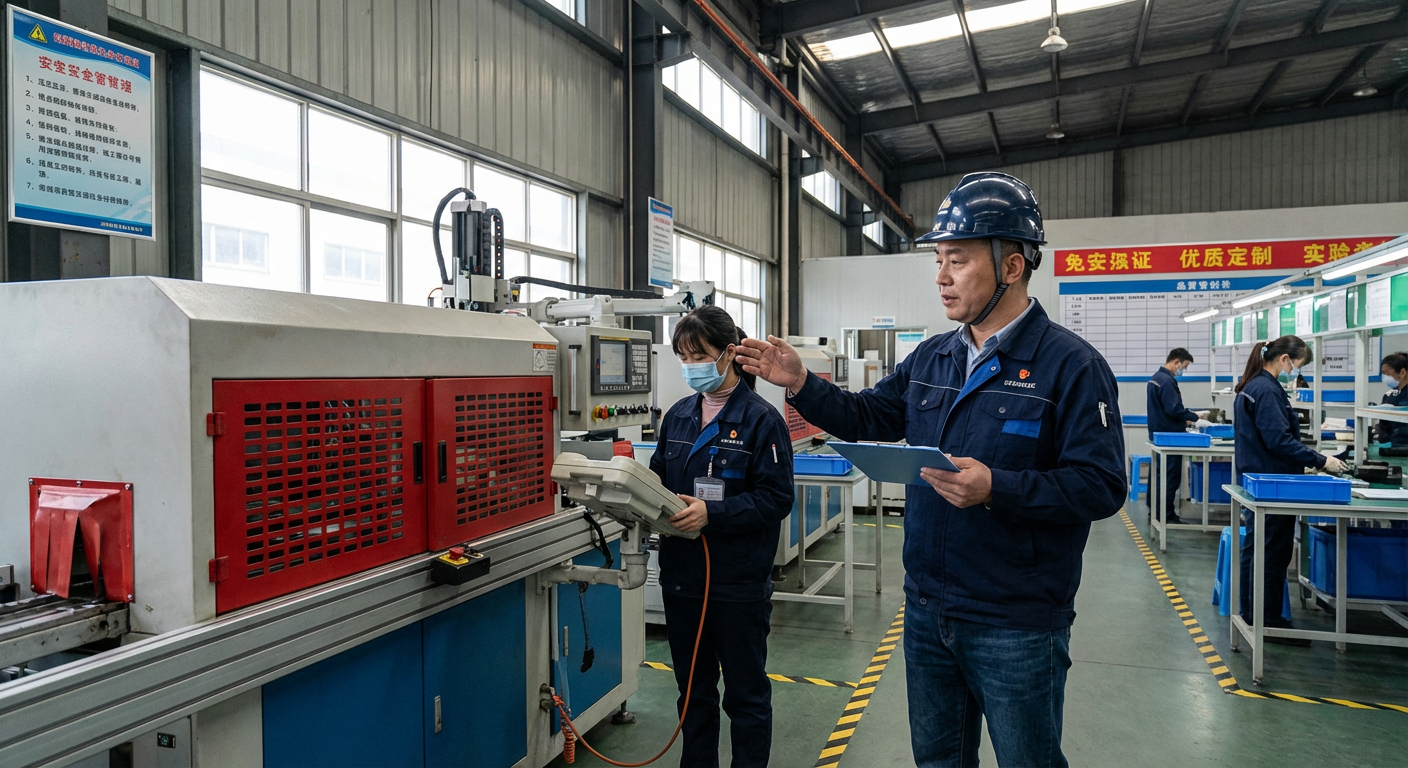 Quality inspector examining products on factory production line with clipboard