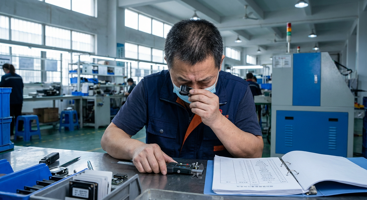 Quality inspector examining product details with magnifying glass