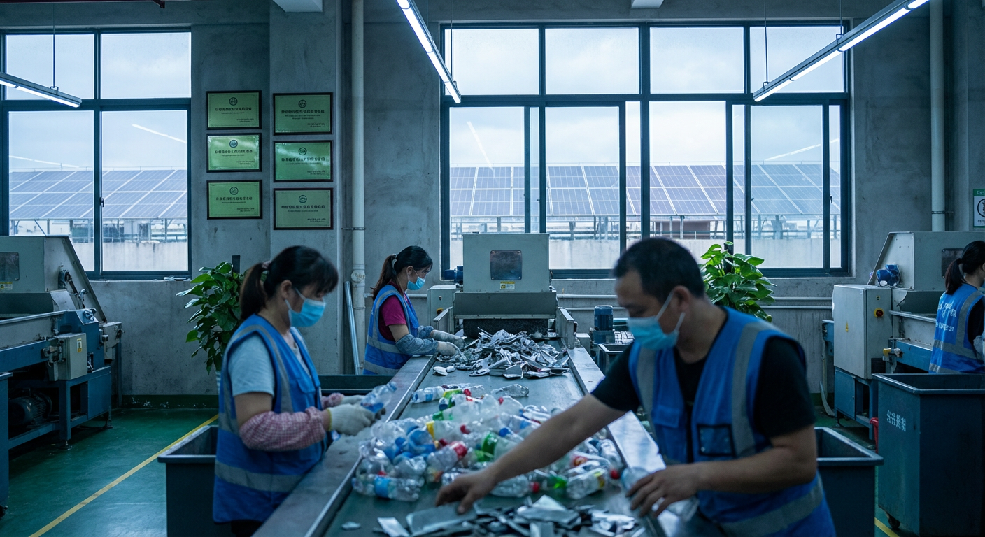 Green plant growing in factory setting representing sustainable manufacturing