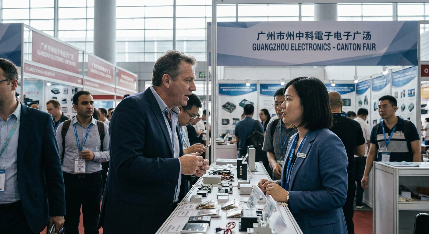 Busy trade show floor with exhibition booths and business meetings