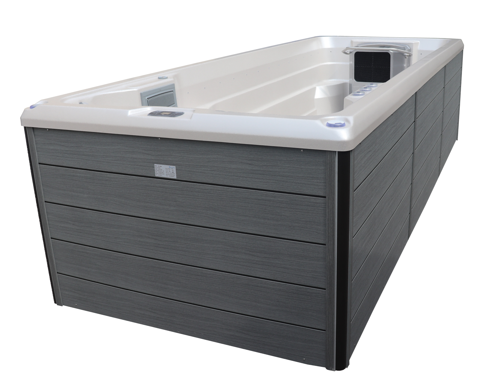 Gray Wood Panel Swim Spa with Integrated Controls