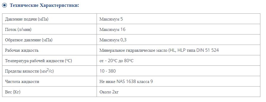 Technical specification chart for hydraulic joystick