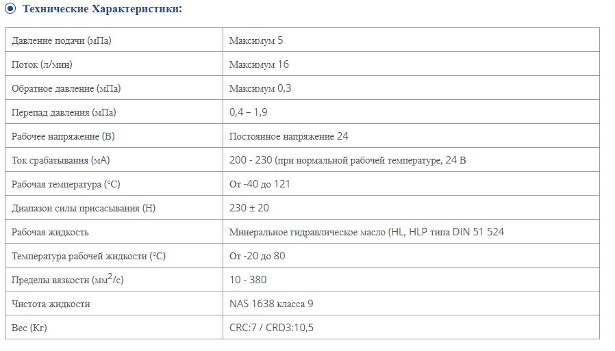 Technical specifications datasheet for the hydraulic joystick