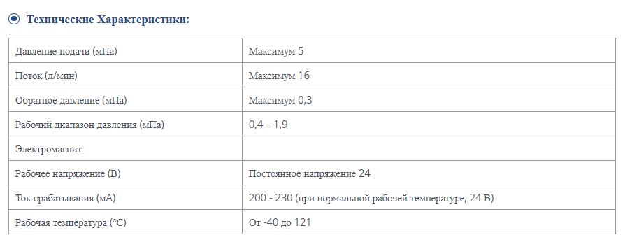 Technical specification chart for hydraulic joystick