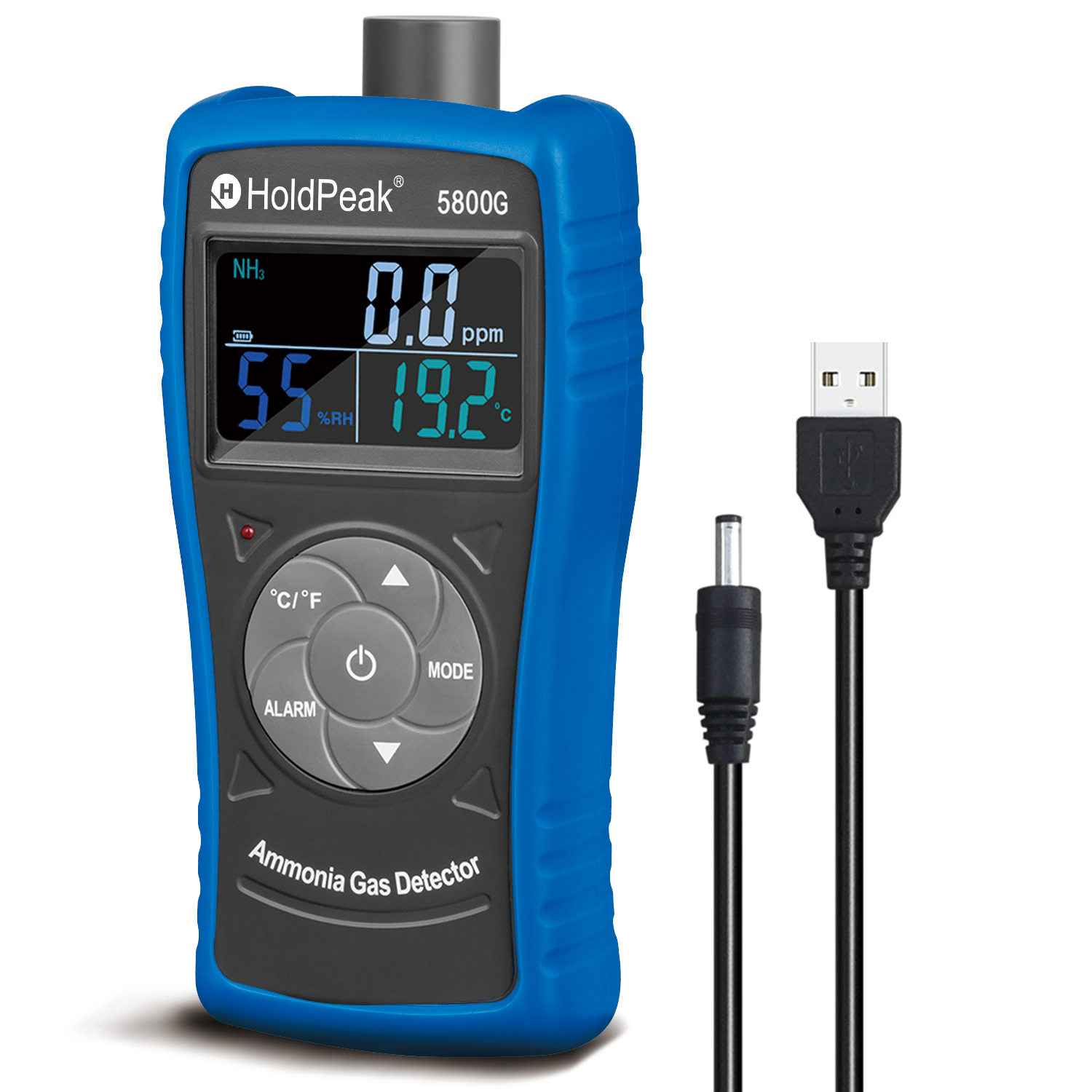 Front view of the portable ammonia detector showing the digital readout