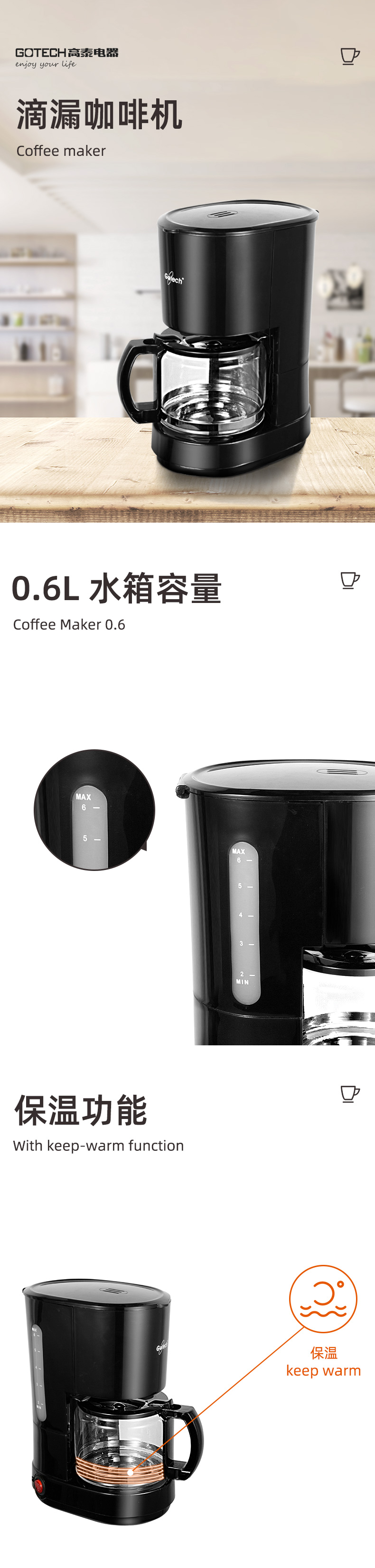 0.6L Drip Coffee Maker with glass carafe and keep-warm plate