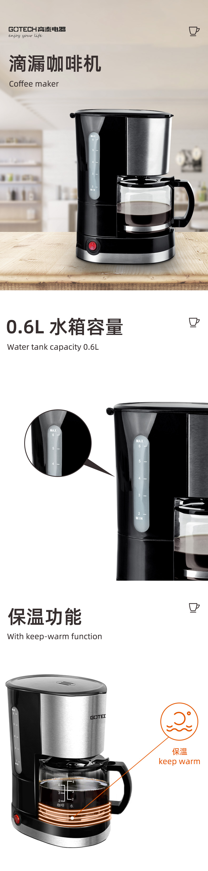 0.6L Drip Coffee Maker with Keep-Warm Function