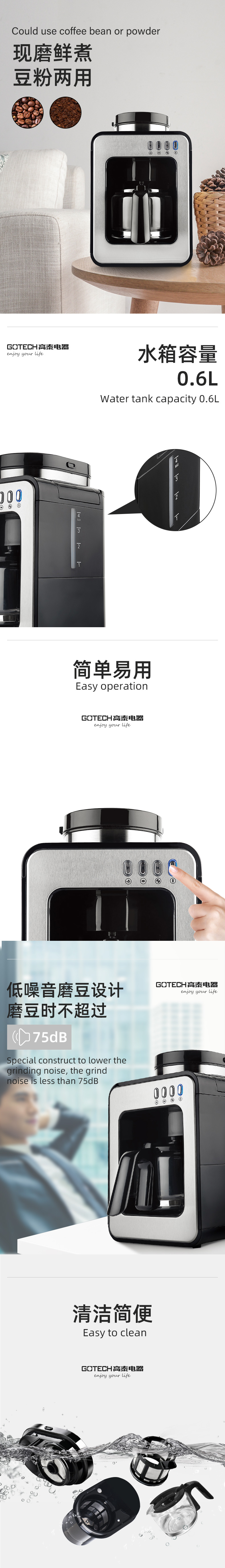 Infographic showing 0.6L capacity, dual-use bean/powder function, and low noise grinding features.