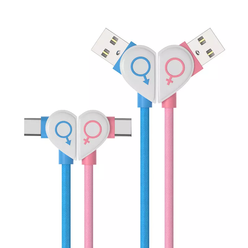 Double elbow couple charging cable with heart design
