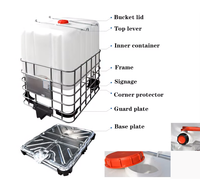 Detailed view of IBC components including the steel cage, inner tank, and corner protectors