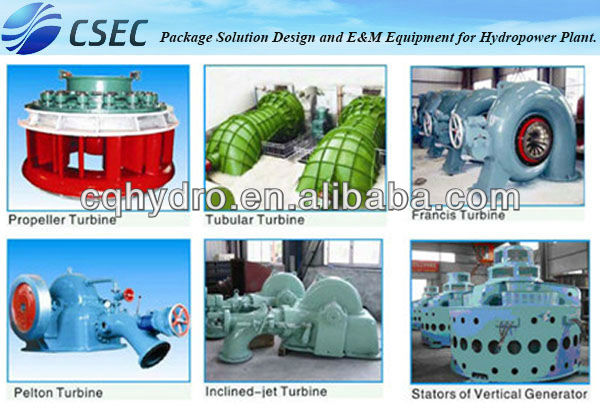 Various hydro turbine types including Francis, Pelton, and Tubular