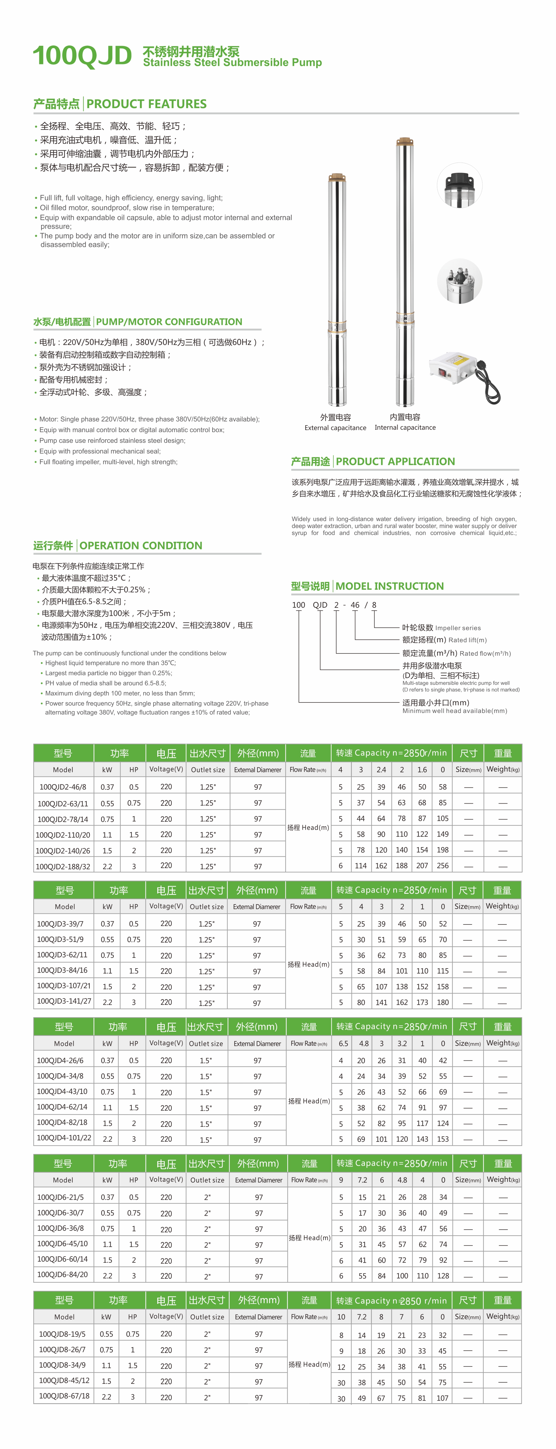 Technical diagram and specification charts for 100QJD series submersible pumps