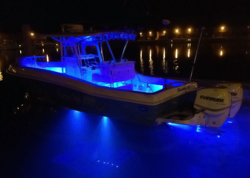 Multiple underwater lights installed on a yacht
