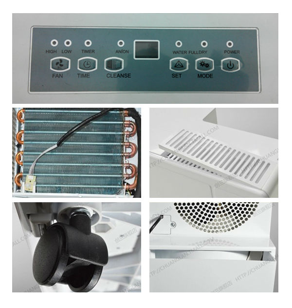 Detailed view of the portable dehumidifier control panel and components