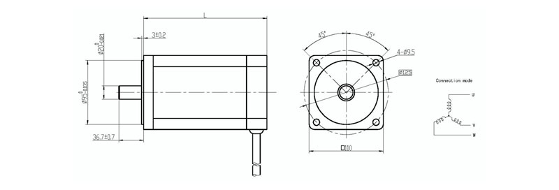 Technical drawing of 110 series BLDC motor showing dimensions and mounting flange details