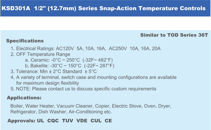 Technical specification chart for KSD301A series thermostat