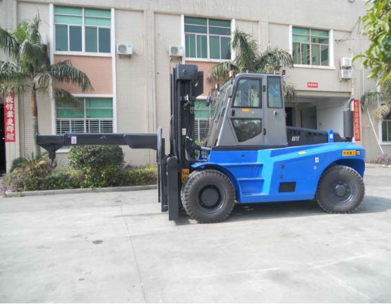 Heavy-duty forklift crane showing extended reach capability
