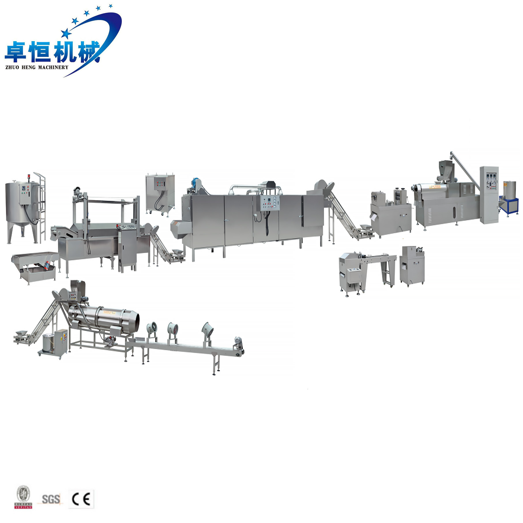 Full view of the snack food frying production line