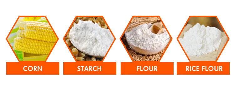 Raw materials including corn and rice flour used in snack production