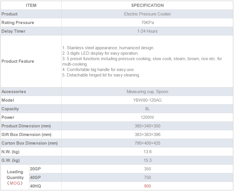 Technical specifications and features of the 8L electric pressure cooker