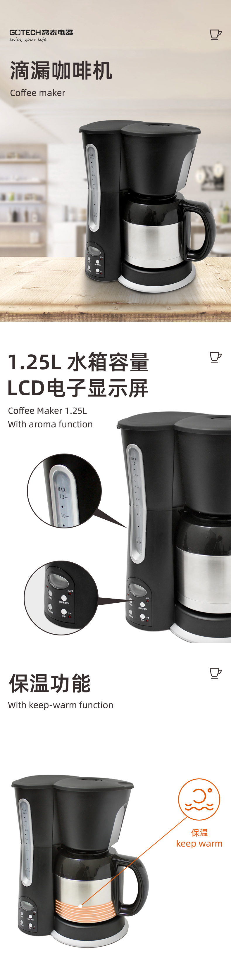 1.25L Coffee Maker with LCD Display and Thermal Carafe