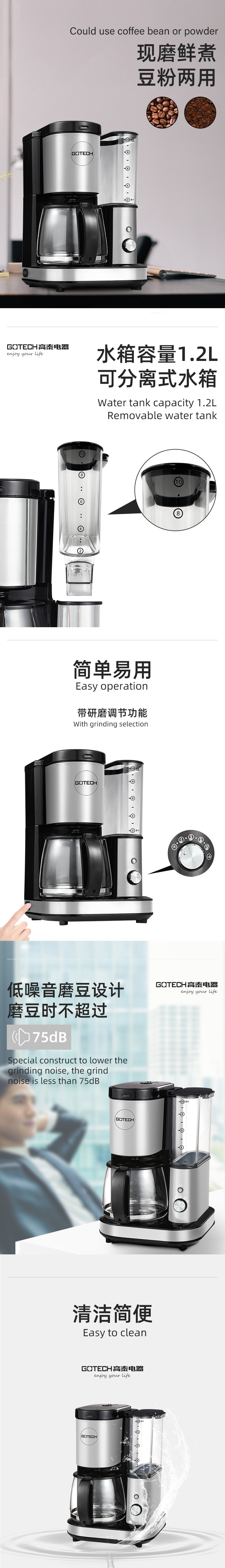 Infographic showing coffee machine features including bean/powder compatibility, removable tank, and low noise grinding.