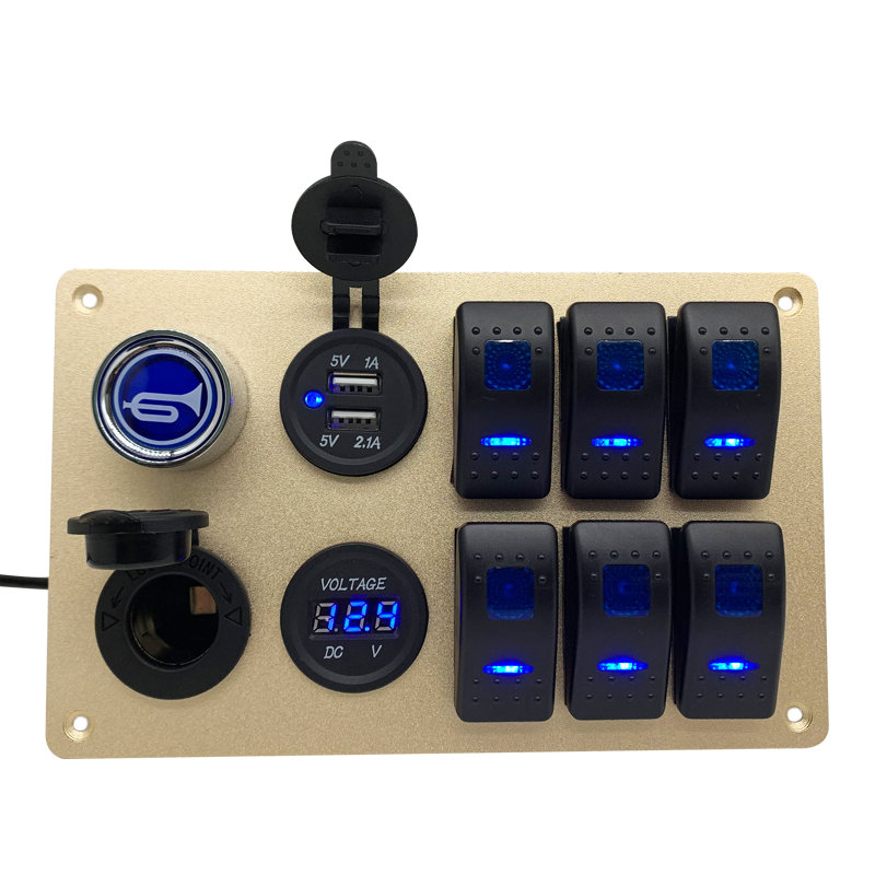 Front view of the 6-gang rocker switch panel with blue LED indicators and digital voltmeter