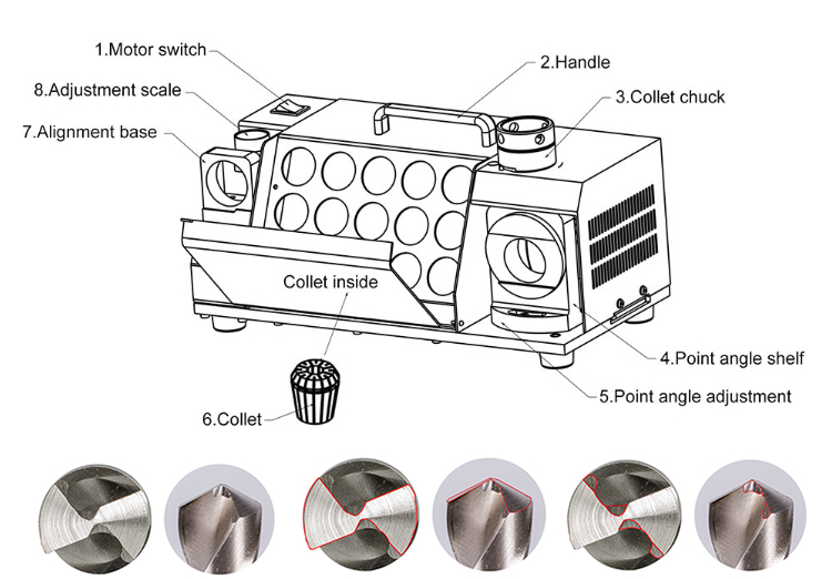 Diagram of MR-26A components including motor switch, handle, and adjustment scales