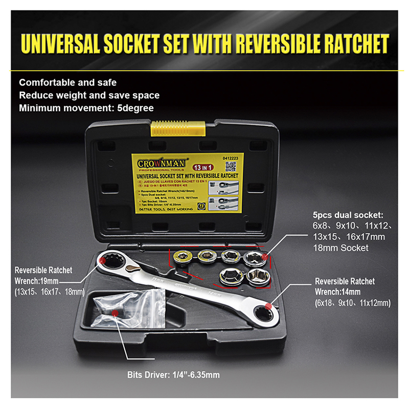 Universal Socket Set with Reversible Ratchet
