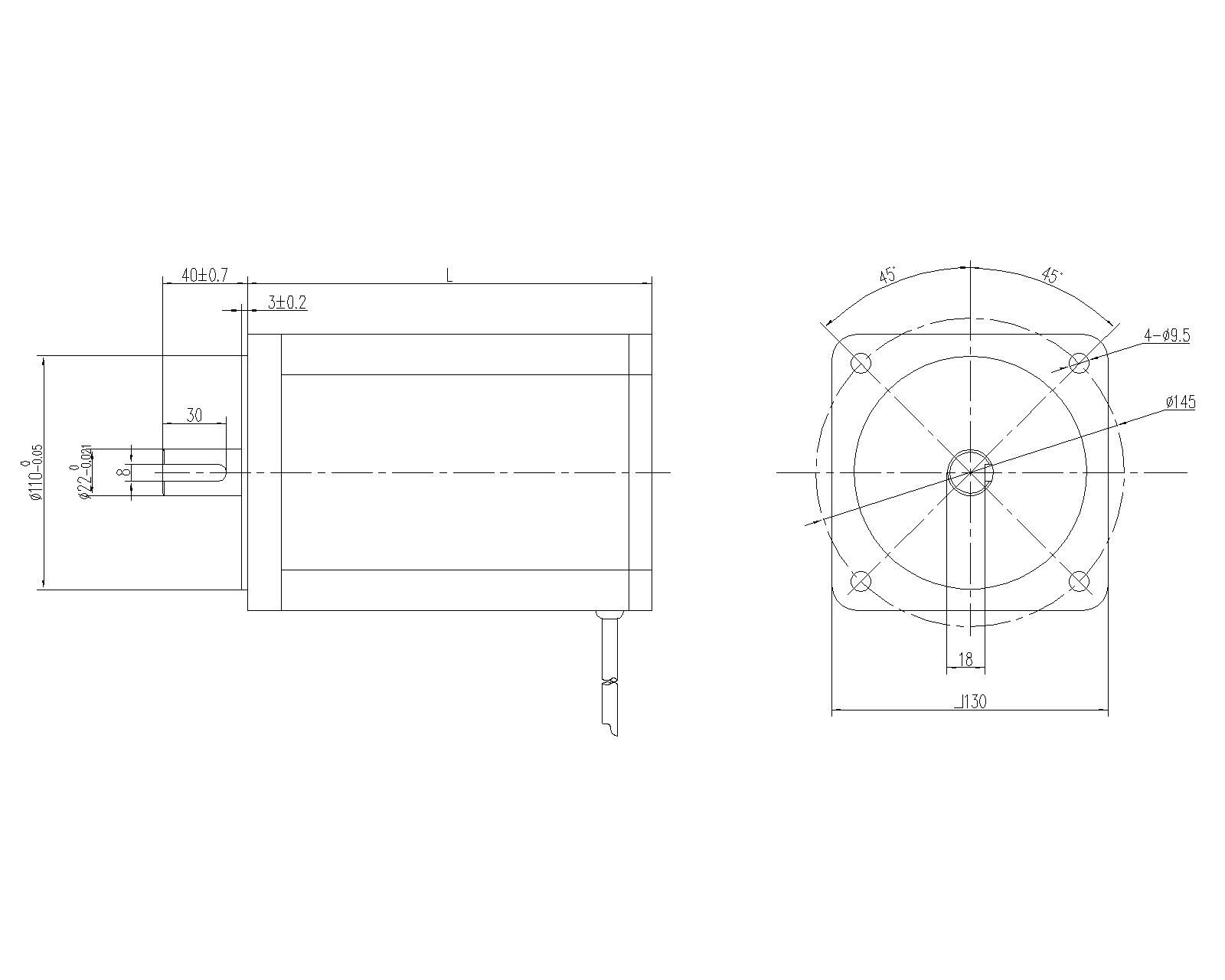 Technical drawing of 130 series BLDC motor