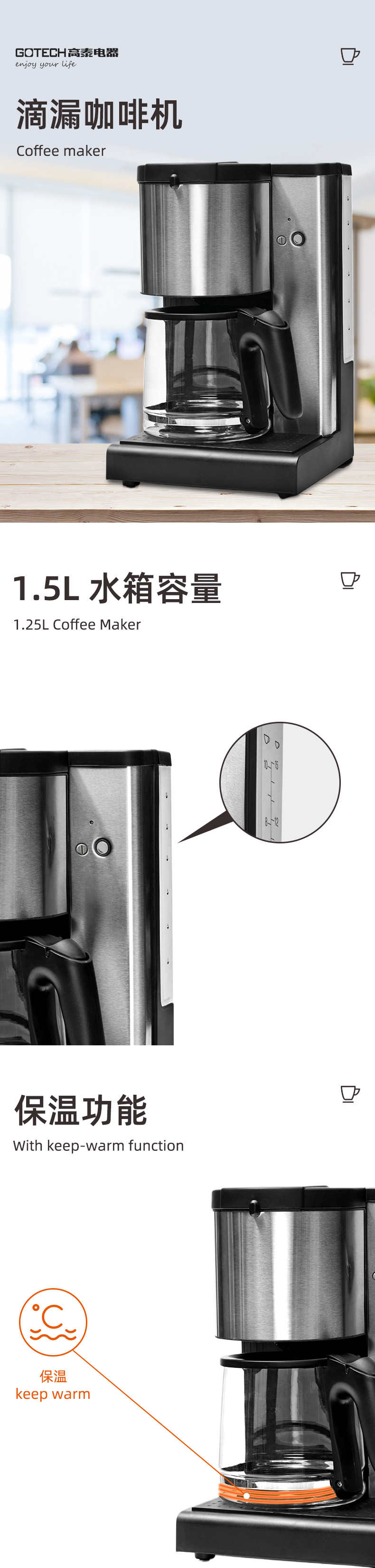 1.5L Drip Coffee Maker with Keep-Warm Function and Water Level Indicator