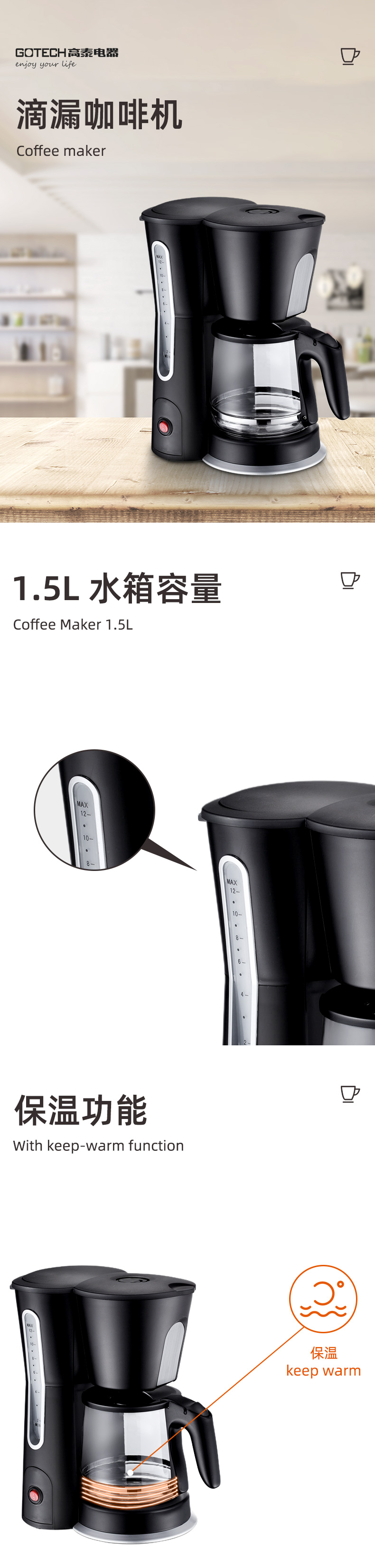 1.5L Drip Coffee Maker with Keep-Warm Function and Water Level Indicator