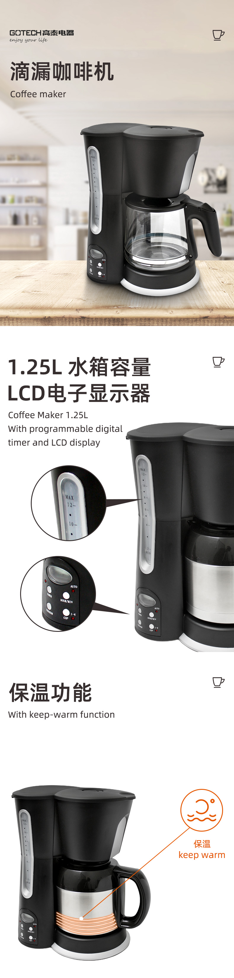Drip coffee maker with LCD display and programmable timer features