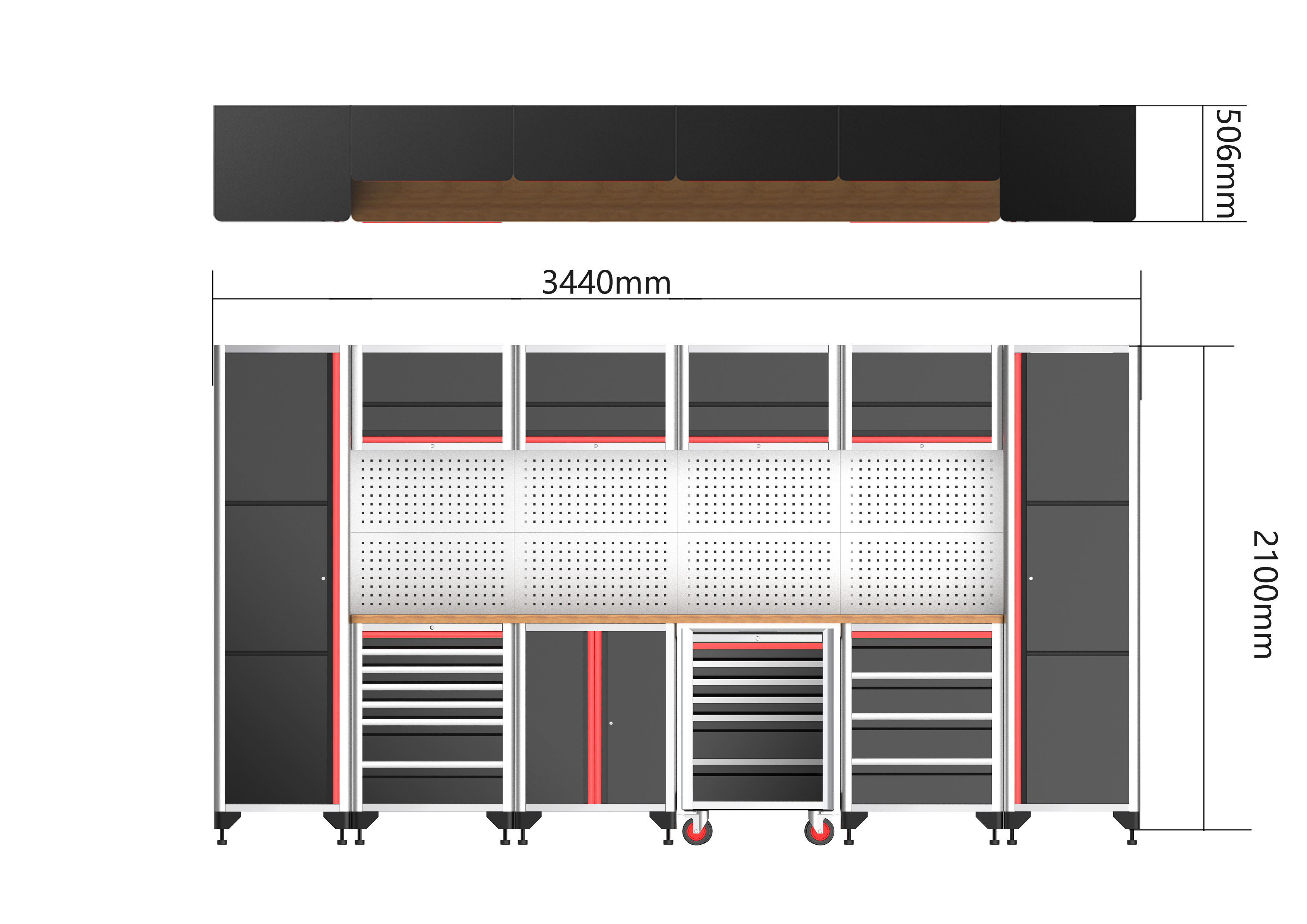 Garage Organization System with Cabinets, Drawers, and Pegboard