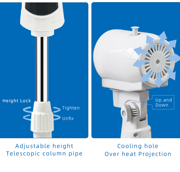 Close-up of the telescopic column, height lock, and motor cooling holes