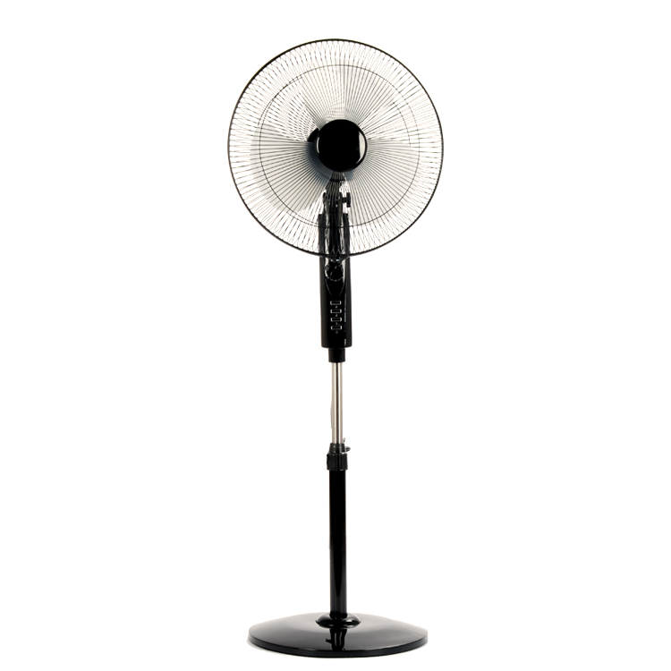 Black 16-inch stand fan with round base