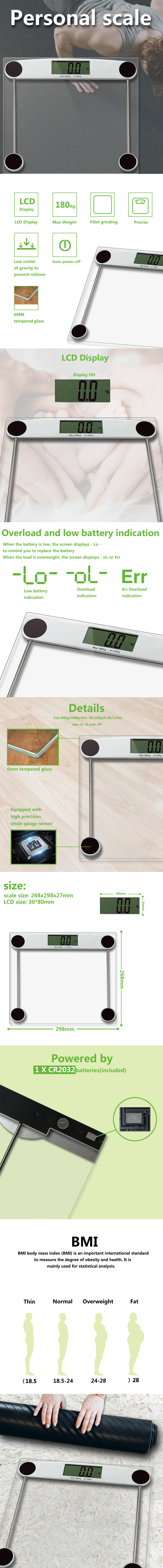 Technical diagram and feature highlights of the 180kg digital scale
