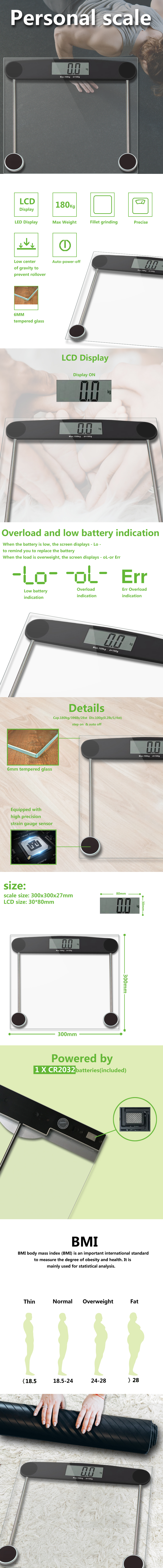 Detailed infographic of the 180kg transparent body scale showing features and BMI reference
