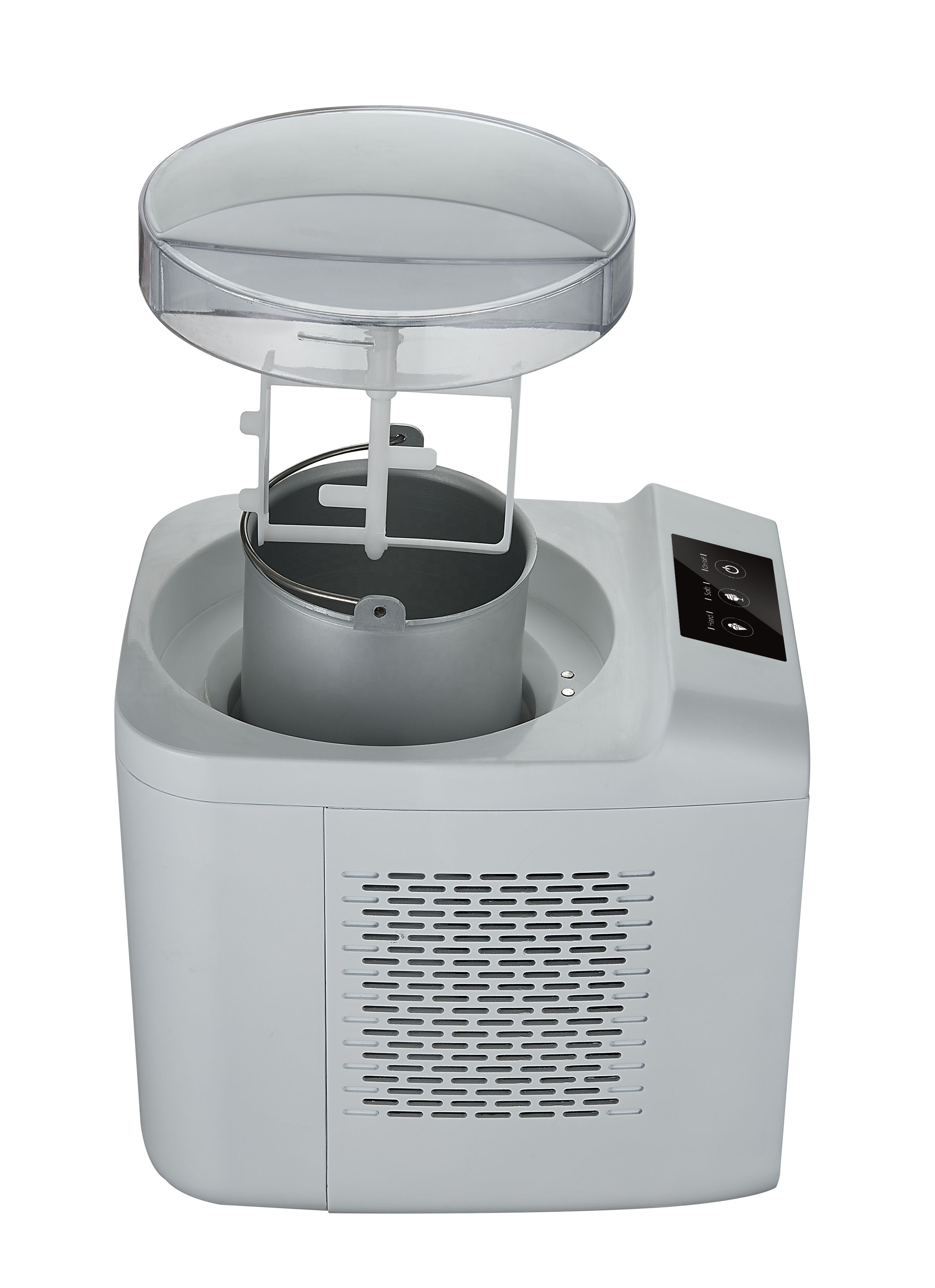 Ice cream maker showing removable bowl and internal components