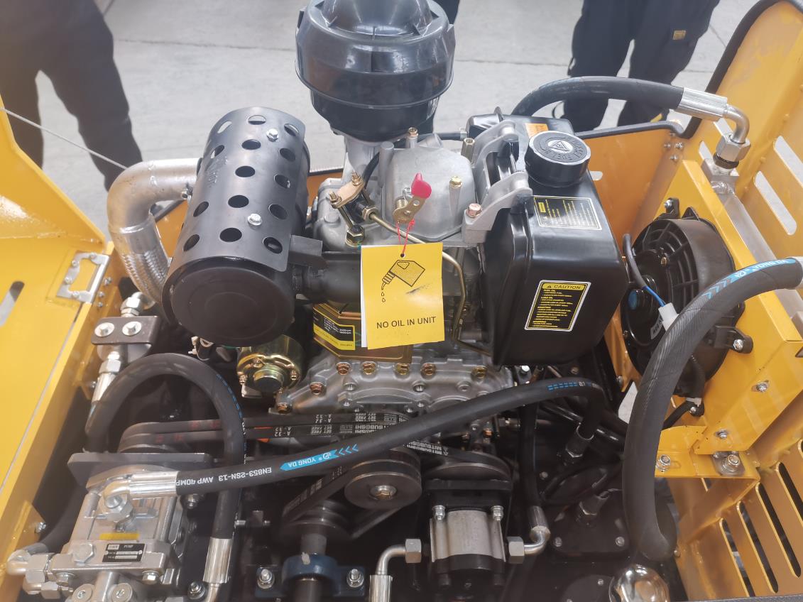 Close-up of the internal engine and belt drive components