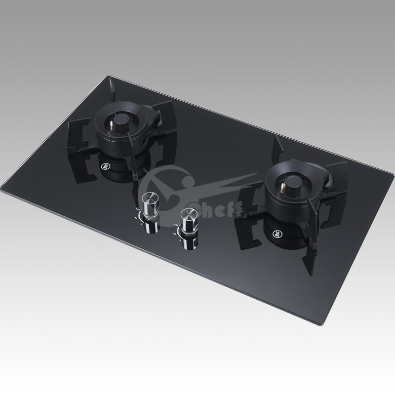 Close-up of the gas hob burners and control knobs
