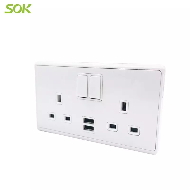 2-Gang Switch with 13A BS Power Outlet and USB Charging Ports