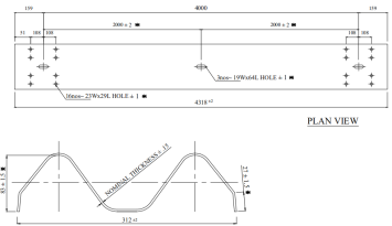 Technical drawing of 2-wave guardrail profile and machine dimensions