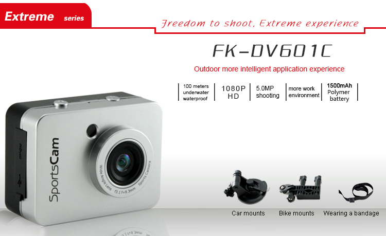 Action camera with waterproof housing and mounting accessories