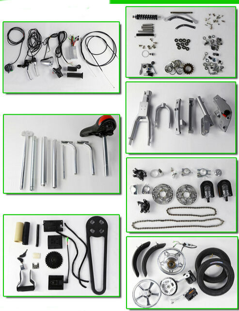 Exploded view of bicycle components including motor, chain, and pedals