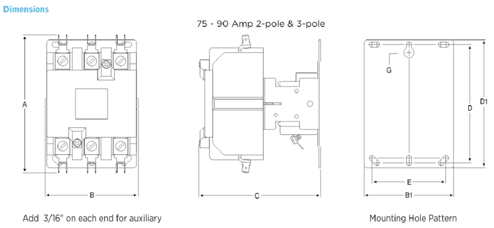 Dimensional diagram for 75-90 Amp contactors