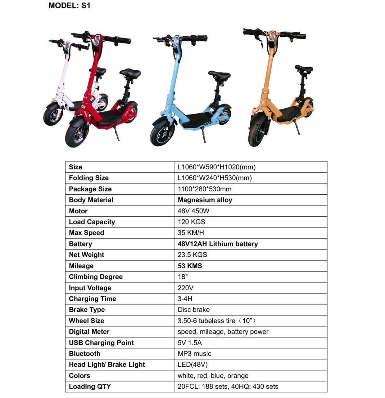 Detailed technical specifications and dimensions for the S1 electric folding scooter