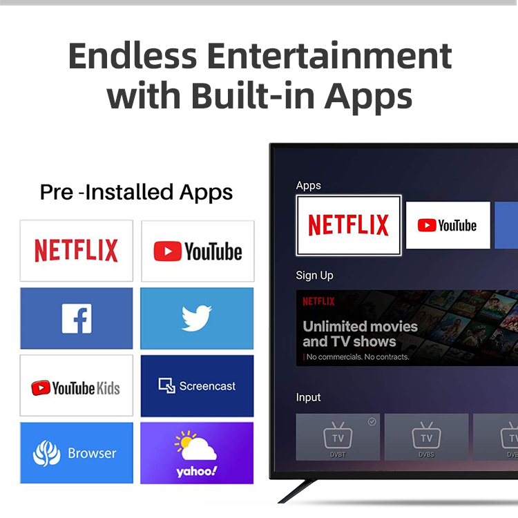 Smart TV interface showing built-in apps like Netflix and YouTube