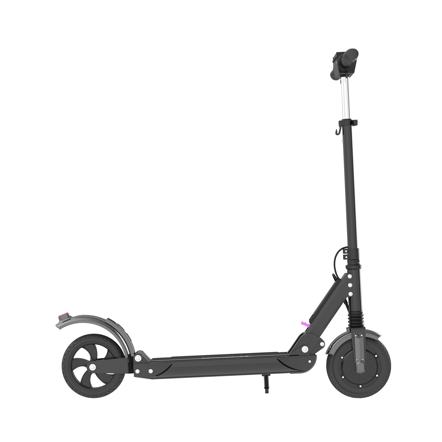 Electric scooter profile view showing 8-inch rubber tires and aluminum frame.